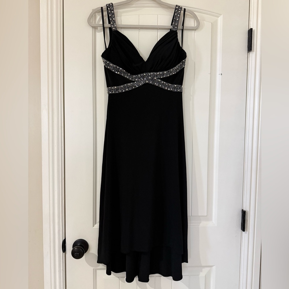 Cachet Black Midi Dress with Silver Detailing